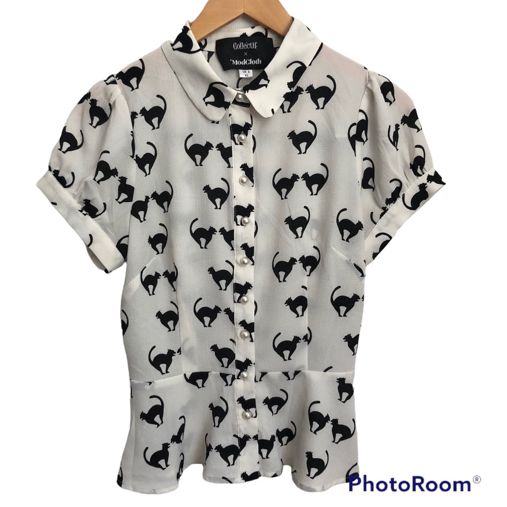 COLLECTIF X MODCLOTH Mary Grace kitty black cat Meooow motif blouse XS